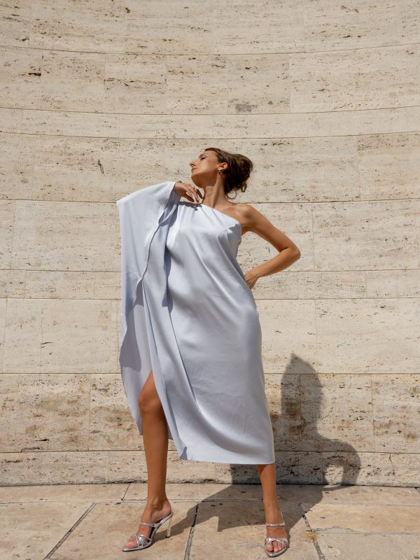 gabriela atanasov, romanian influencer, summer silver dress, one shoulder dress,